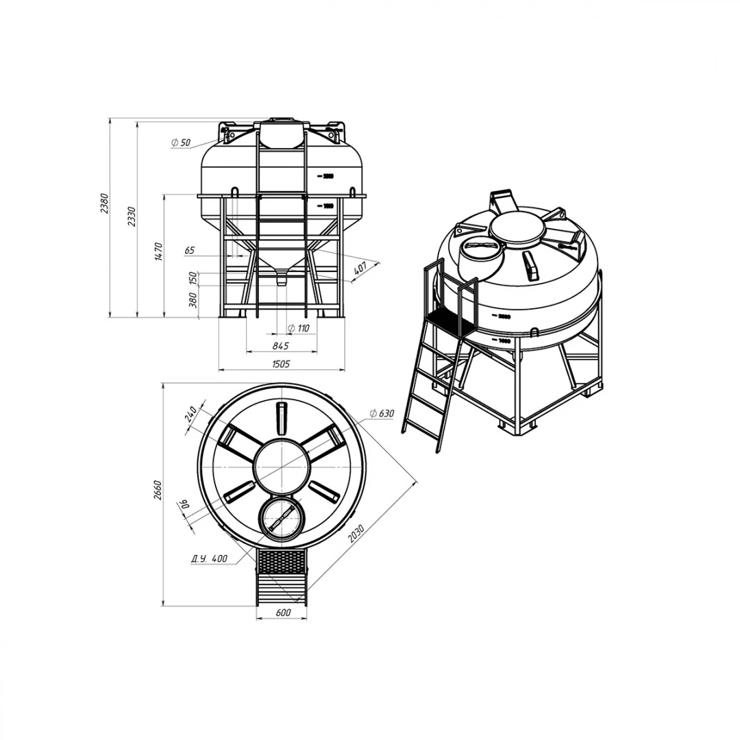 Емкость ЦКТ 3000л с патрубком в обрешетке с лестницей 